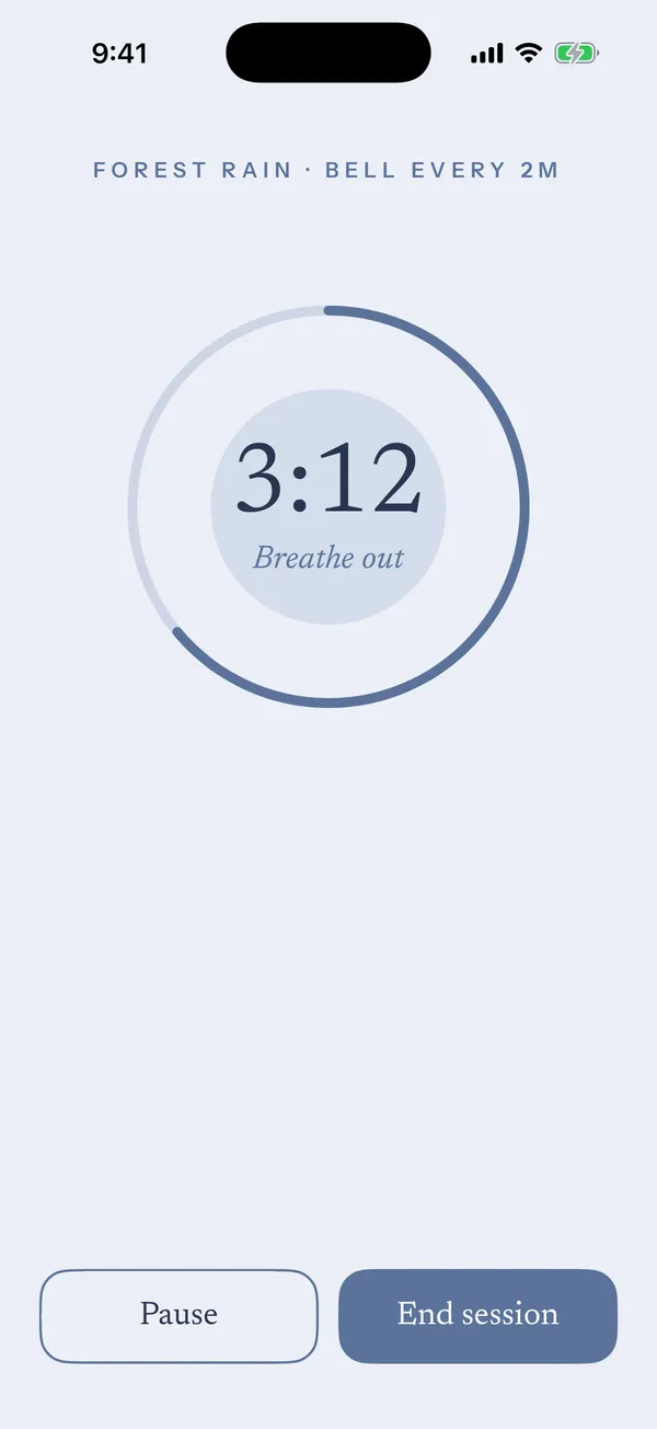Kettle’s meditation timer showing 3:12 remaining inside a ring, with the words Breathe out.