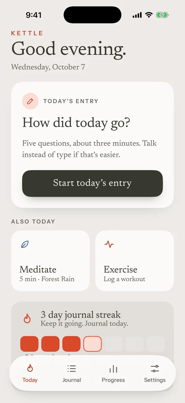 Kettle’s Today screen, asking How did today go, with a Start today’s entry button and a 3 day journal streak.