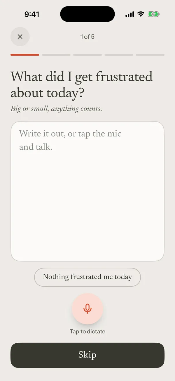Kettle’s first journal question, What did I get frustrated about today, with a text box and a mic button.